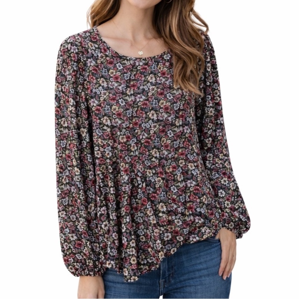 Primark Floral Peplum Blouse Long Sleeve Black‎ Red Green Women’s Size 10 (L)